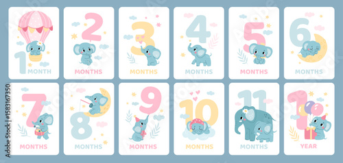 Cute elephant baby birthday cards. Numbers with funny animal characters, kids party elements, little happy cartoon mascot, newborn print and posters design, garish vector isolated set