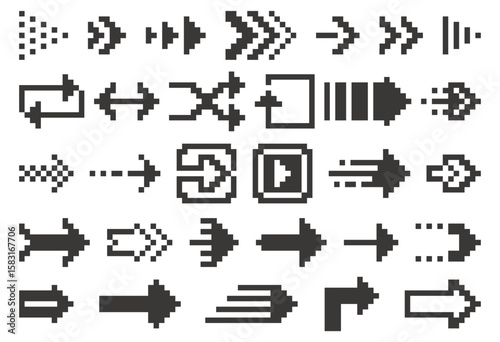 Black 8 bit arrows. Retro pixel art cursors, navigation icons, arcade game assets, computer graphic, square pointers. Interactive interface, business presentation qualitative vector set
