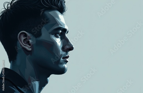 Profile of a young man with styled hair and sharp features in a digital illustration style