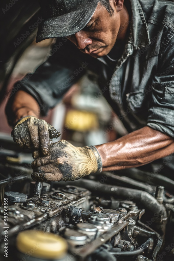 Fototapeta premium Professional mechanic working diligently on a car engine in a well equipped garage, focused on precision and skilled repairs