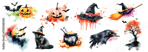 Set of Halloween character designs of pumpkin, hat, broom, tree, cat, moon and raven and potion cauldron watercolor hand drawn illustration