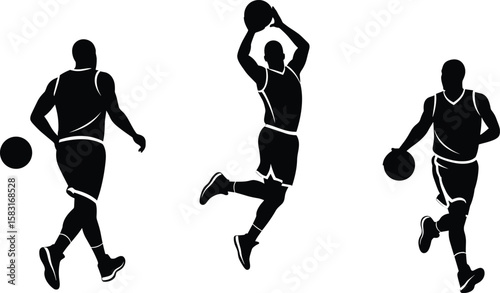 Silhouette of basketball players dribbling, dunking, playing, action sports, isolated athletes, black vector art, white background, competitive game scene