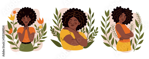Black woman embracing herself in flat vector style. Illustration about self-love, confidence, and empowerment. Perfect for body positivity, mental health, and diversity themes.