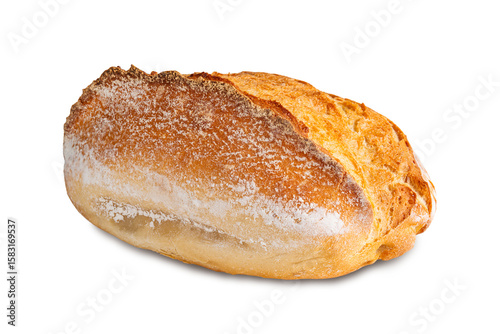Freshly baked artisan bread showcasing a golden crust and soft interior in an isolated setting