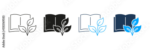 Open Book With Leaves Line And Solid Icon Set. Knowledge Growth, Education, And Environmental Learning Symbol Collection. Eco-Friendly Education Concept. Isolated Vector Illustration