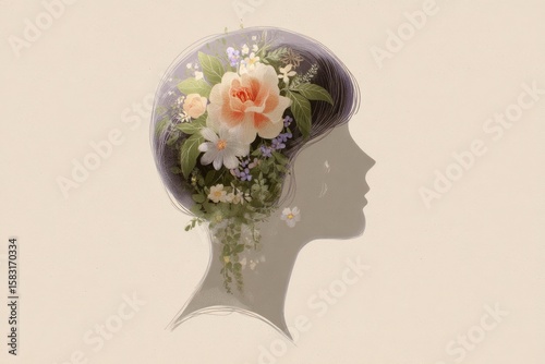 Womans head filled with beautiful blooming flowers