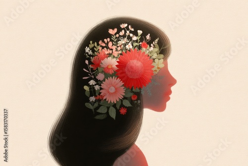 A womans profile with a vibrant floral arrangement