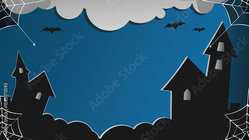 Illustration of haunted houses with bats and spiderwebs on a blue background with clouds