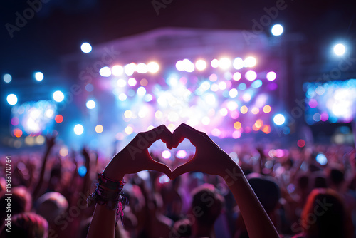 音楽フェスティバルの夜、手でハートを作る観客のシルエット