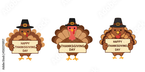 Happy Thanksgiving Day Turkeys | Pilgrim Hat Holiday Mascot