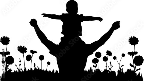 Silhouette of a father carrying a child on his shoulders in a field of flowers with arms raised high