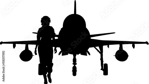 Silhouette of a pilot in uniform standing next to a fighter jet on the tarmac ready for flight mission