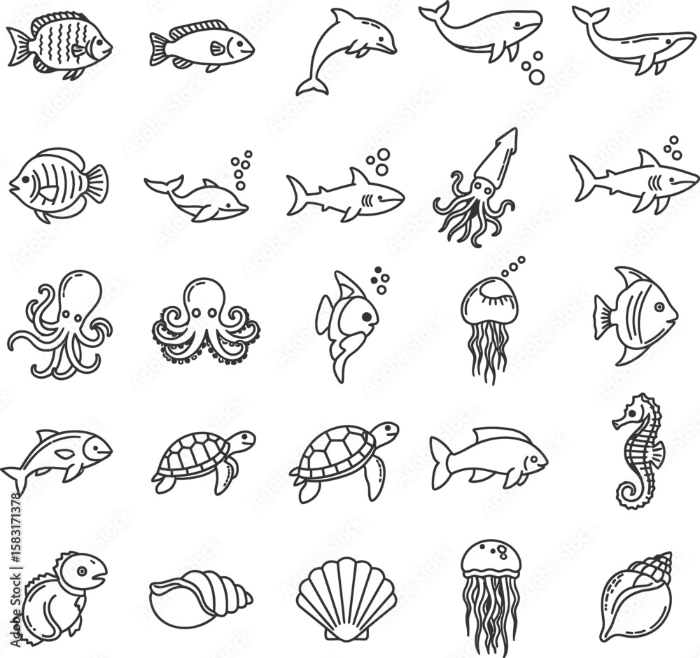 Obraz premium Underwater Sea Animals Line Icons: Marine Life Collection