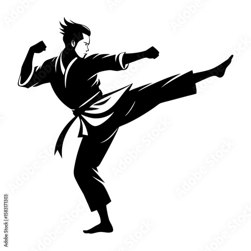 A dynamic black silhouette showcases a skilled karate player executing a powerful kick against a clean white backdrop, embodying martial arts strength and agility.