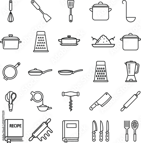 Kitchen Utensils & Cooking Tools Line Icons: Culinary Equipment Set

