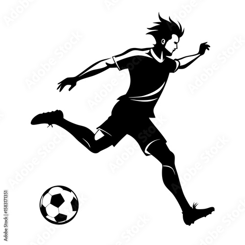 A dynamic black silhouette portrays a soccer player in action, powerfully kicking a ball against a clean white backdrop, perfect for sports designs and athletic themes.