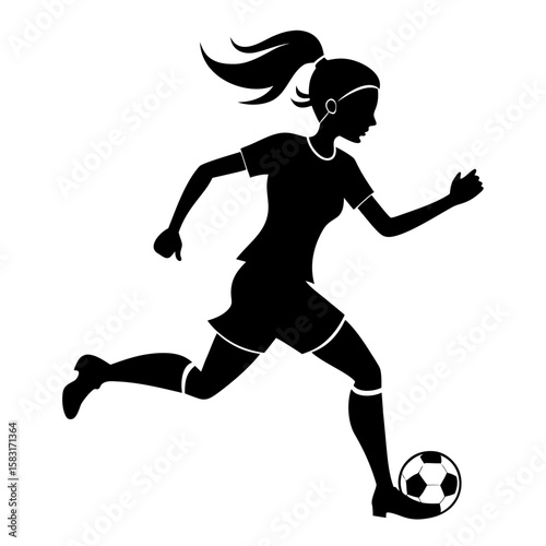A dynamic black silhouette depicts a female soccer player running with determined focus on a clean white backdrop, representing athleticism and the beautiful game of soccer.