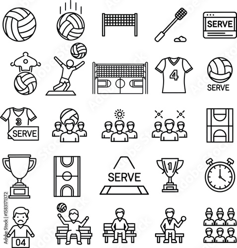 Volleyball Game & Player Line Icons: Sports Equipment and Action Set