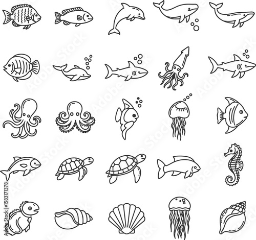 Underwater Sea Animals Line Icons: Marine Life Collection