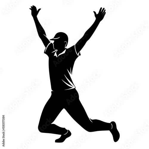 A dynamic black silhouette vector portrays a cricketer's triumphant celebration after taking a wicket, set against a clean white background, perfect for sports design and cricket illustrations.