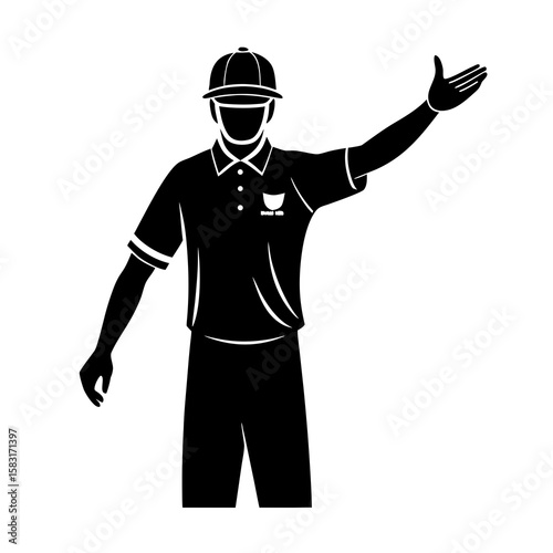 A vector silhouette depicts a cricket umpire signaling out on a clean white background, perfect for illustrating sports concepts and officiating in cricket matches and games.
