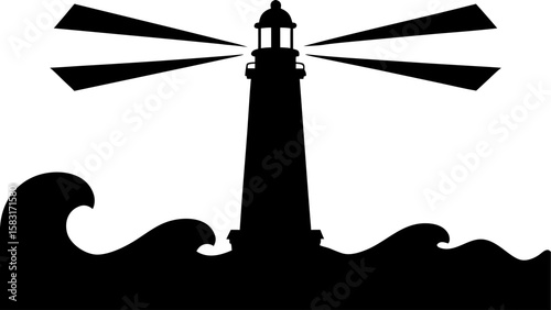 Silhouette of a lighthouse with beams of light shining over ocean waves in a black and white design