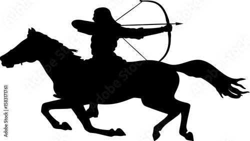 Silhouette of horse archer riding a horse drawing a bow and arrow in a dynamic action pose with speed effect