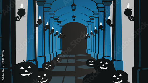 A spooky halloween scene with pumpkins lining a hallway with lanterns and sconces leading to darkness