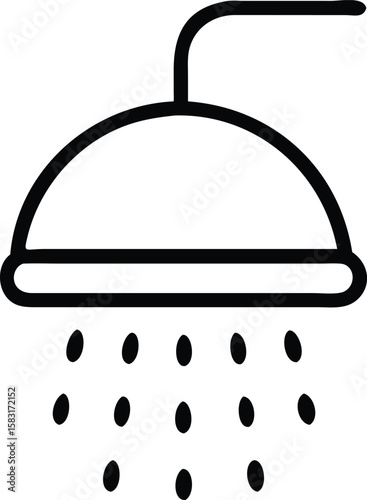 Simple Line Art Showerhead Icon, Bathroom Fixture, Water Drops Illustration, Clean Design Element for Website,...