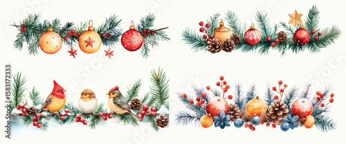 Watercolor Christmas festive wreaths winter cozy holiday illustration with fir pine branches birds and toys New Year decor for cards and posters