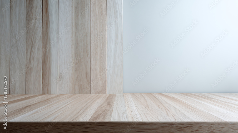 Light wooden surface with vertical wooden panels and smooth white wall background, creating calm and clean empty room space for design or display Light wooden surface with vertical wooden panels and smooth white wall background, creating calm and clean empty room space for design or display