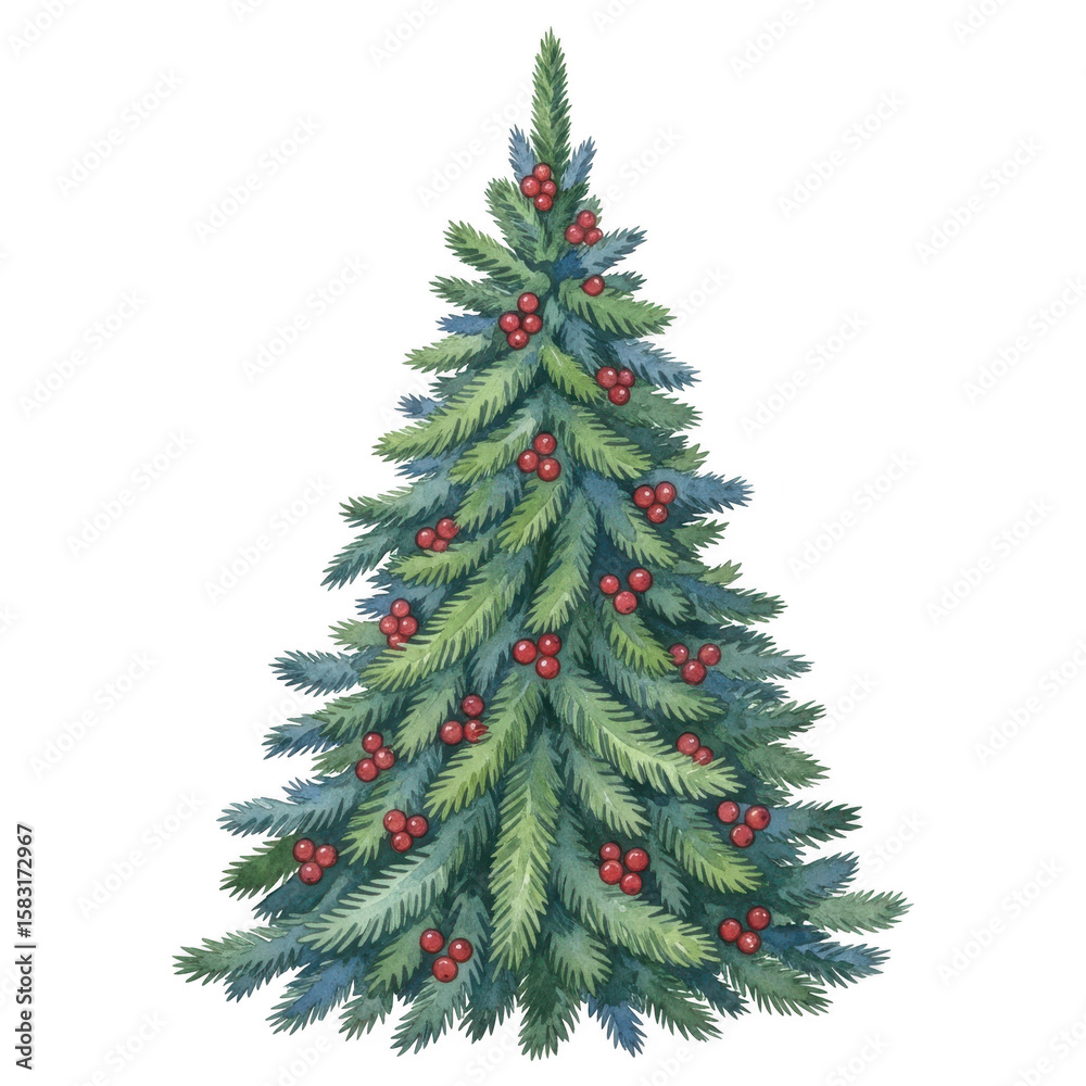 Fototapeta premium Photo of a beautifully decorated christmas tree, adorned with vibrant red berries and lush green branches, stands as a festive symbol of the holiday season isolated on transparent background