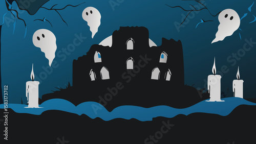 Illustration of a haunted house with ghosts and candles in a spooky night scene with dark blue tones