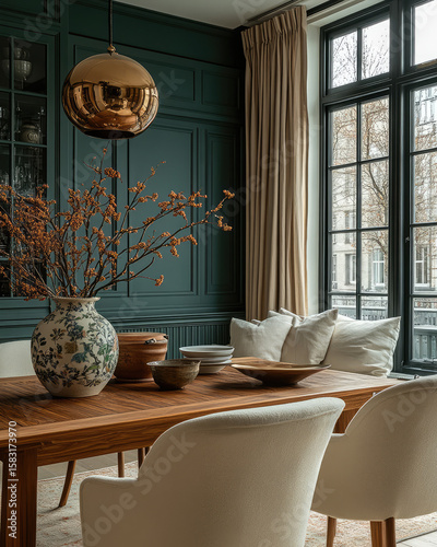 interior of a green modern classic dining  room int he London townhome 