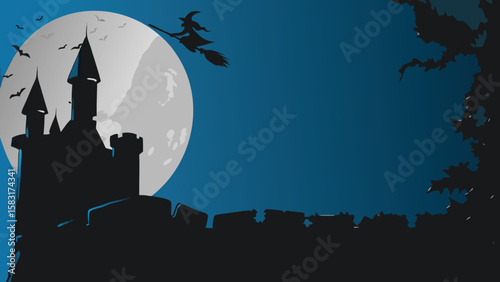Silhouette of a castle with a witch flying on a broom in front of a full moon on a halloween night