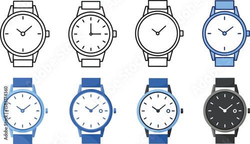 Vector art of a set of stylish wrist watch illustrations in various designs and colors isolated on white background, representing time, fashion, and modern accessories