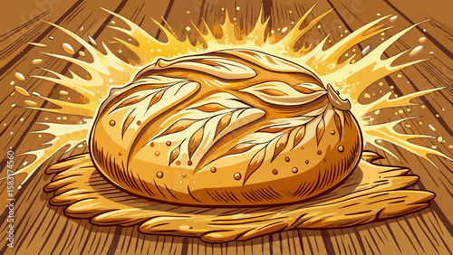 A close-up Fresh Artisan Sourdough Bread with Flour Splash on Rustic Wooden Table  Very beautiful white background