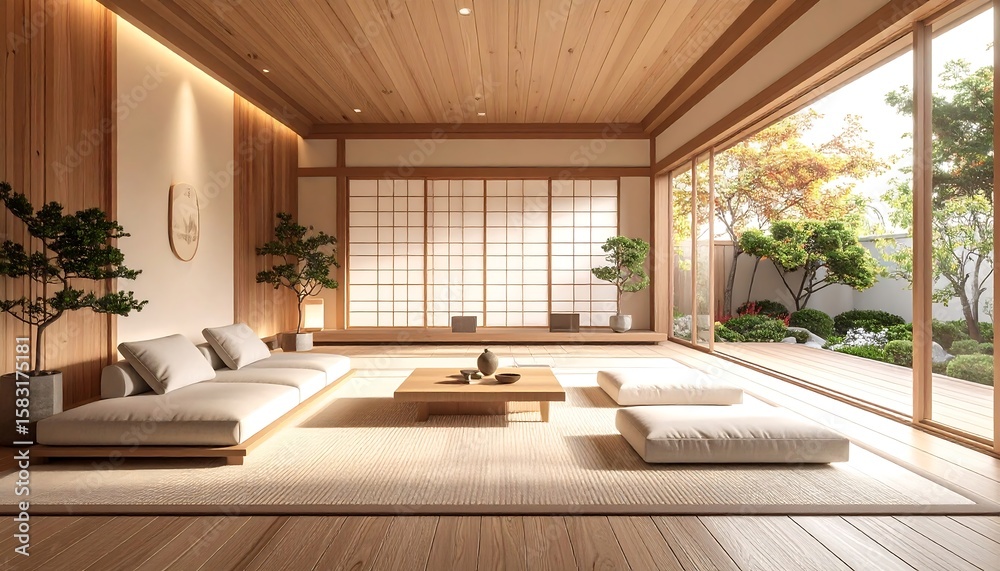 Fototapeta premium Zen Interior Design with Garden View and Natural Light