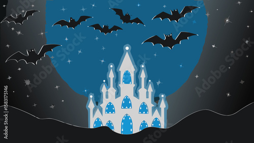 Illustration of a castle with bats flying in the night sky with stars and a full moon shining