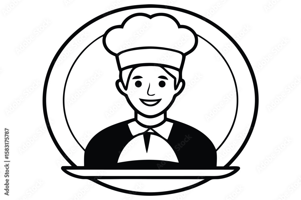 young chef with a beaming smile holding a covered serving tray line art vector illustration young chef with a beaming smile holding a covered serving tray line art vector illustration