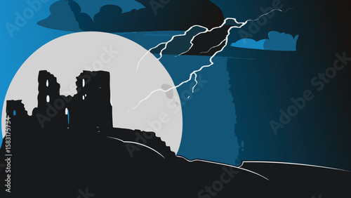 Silhouette of a ruined castle with a full moon and lightning strikes in a dark blue night sky scene