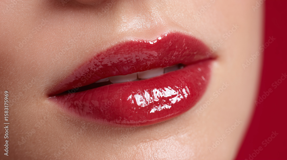 Fototapeta premium Glossy red lips with smooth skin close up, showing shiny moisturizing lip balm application creating vibrant and sensual look with soft natural texture