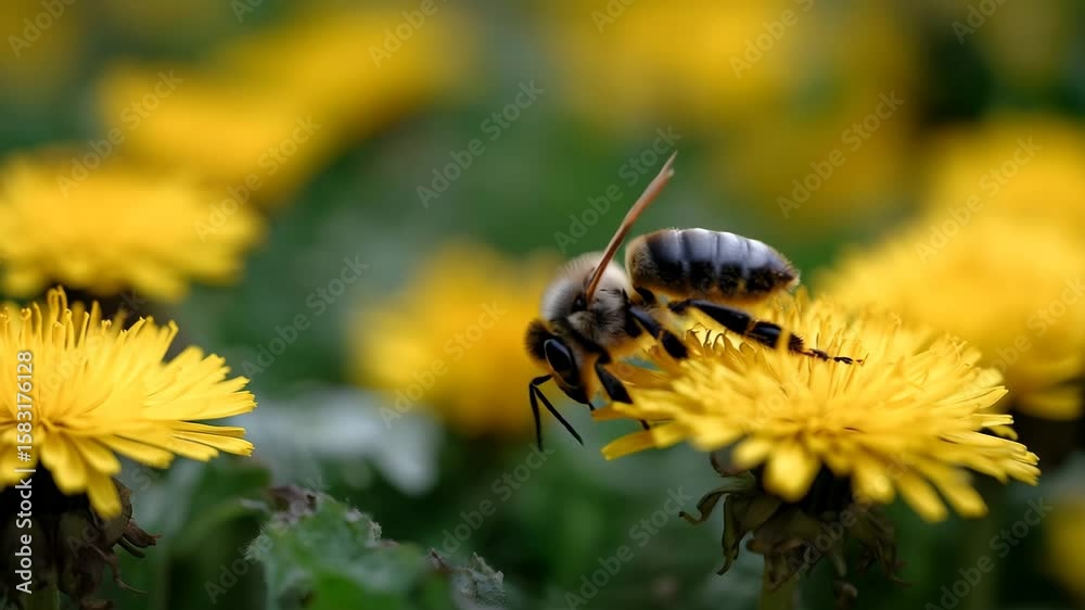 Bee pollinating a yellow dandelion flower Bee pollinating a yellow dandelion flower