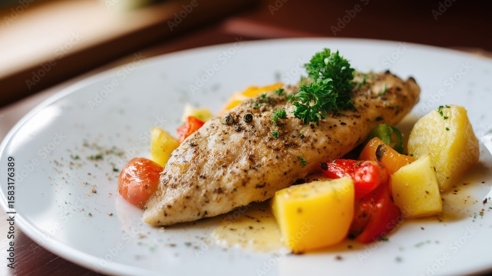 Grilled fish fillet with vegetables on plate Grilled fish fillet with vegetables on plate