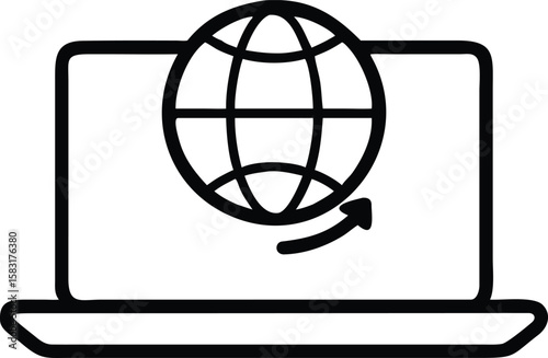 Global Network Connection, Laptop Icon, Worldwide Web Access, Online Communication, Internet Technology Symbol, Digital World...