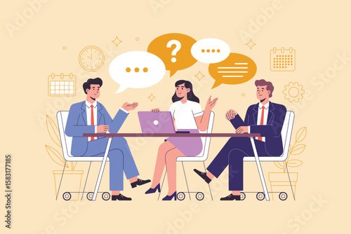 Professional Job Interview Concept – Young Man in Suit Answering Questions from Two Interviewers at Desk with Laptop – Vector Cartoon Isolated Background

