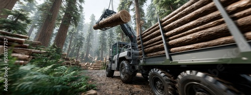 Harvester loading wood onto off-road vehicle in a dense forest during commercial tree felling operations