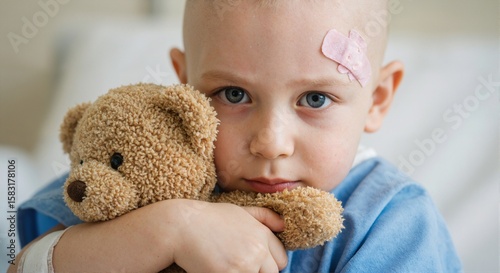 A small child with a bald head, dressed in a hospital gown, hugs a teddy bear. There is a medical plaster on his arm.
