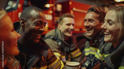 A diverse team of male and female firefighters in uniform share a joyful, candid moment, laughing together during a break at the fire station, with a fire truck in the background