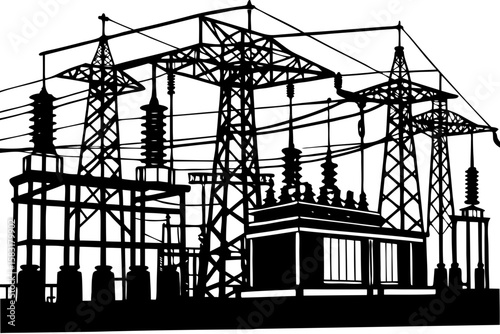Electrical Power Grid Illustration Intricate Infrastructure and Transmission, Showcasing Energy Distribution Networks for Engineering
